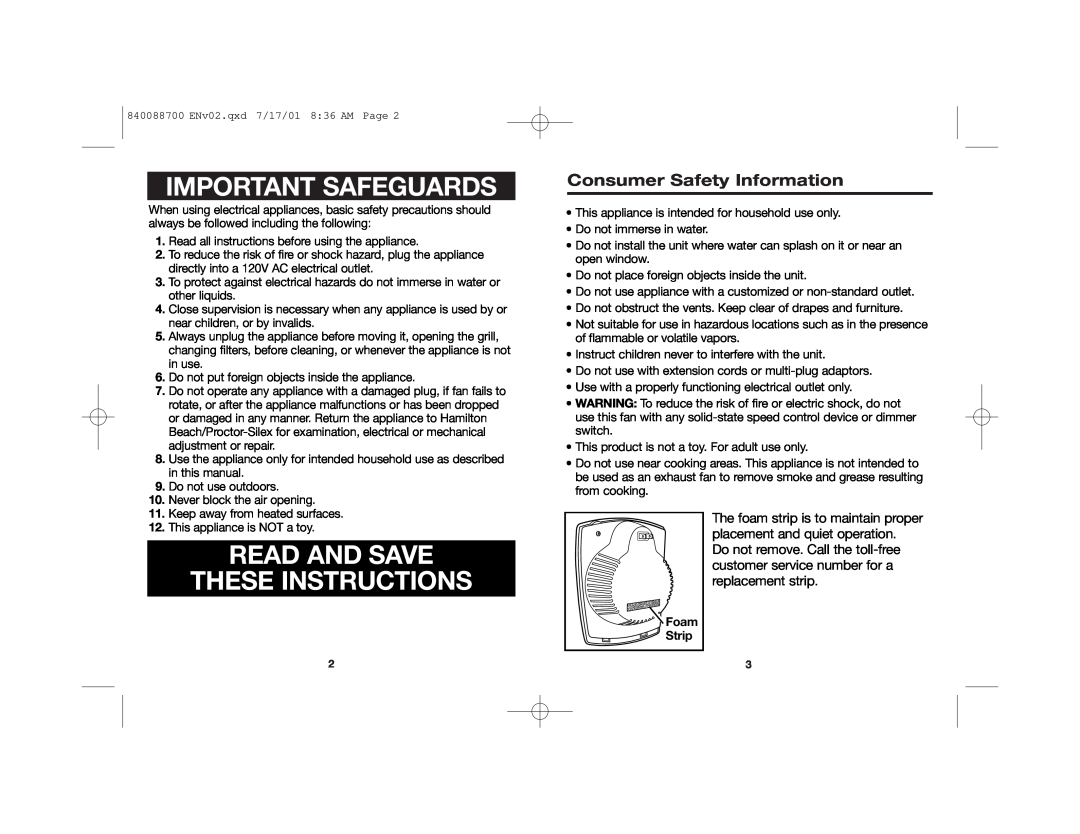 Hamilton Beach 840088700 manual Consumer Safety Information, Important Safeguards, Read And Save These Instructions 