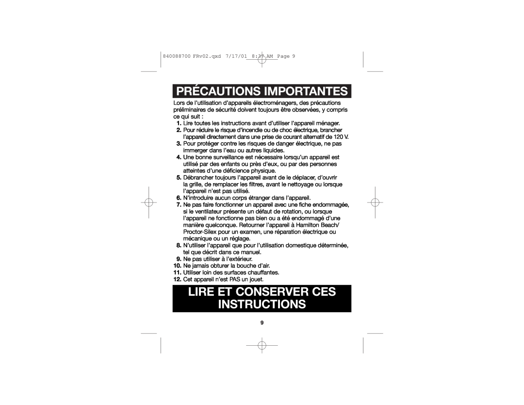 Hamilton Beach 840088700 manual Précautions Importantes, Lire Et Conserver Ces Instructions 