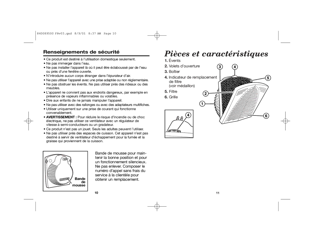 Hamilton Beach 840089500 manual Pièces et caractéristiques, Renseignements de sécurité 