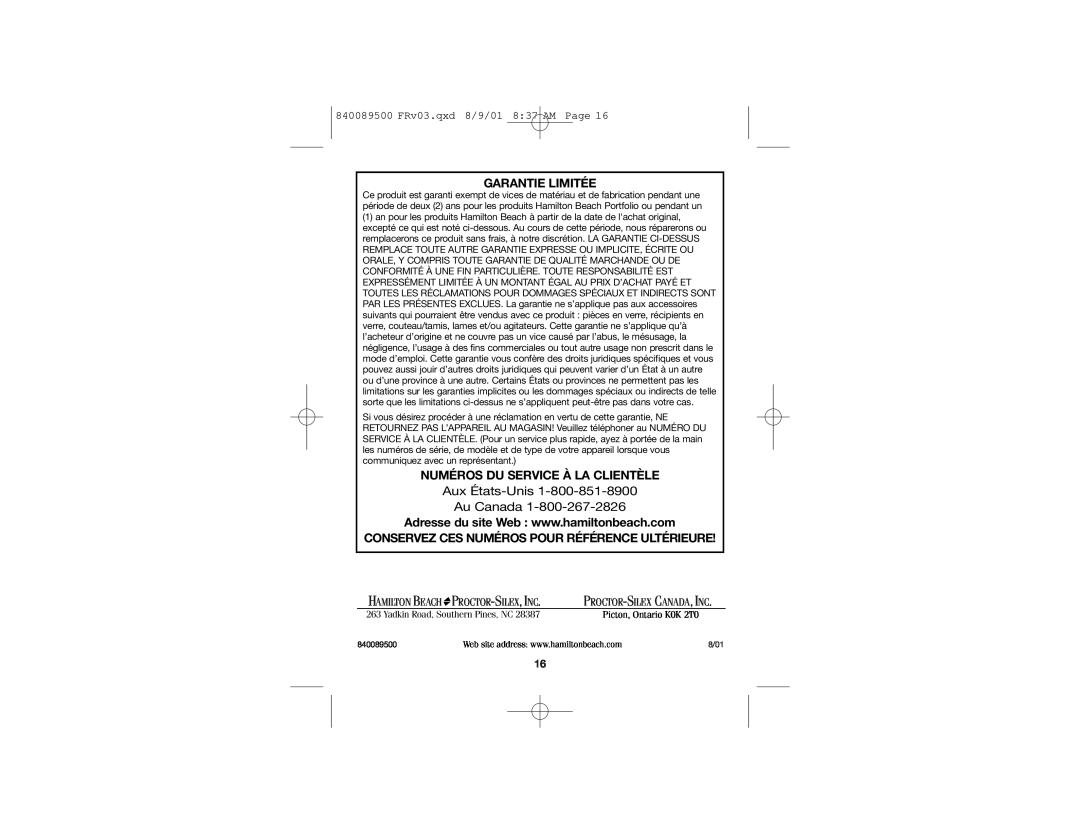 Hamilton Beach manual Aux États-Unis Au Canada, 840089500 FRv03.qxd 8/9/01 8 37 AM Page, Proctor-Silex,Inc 