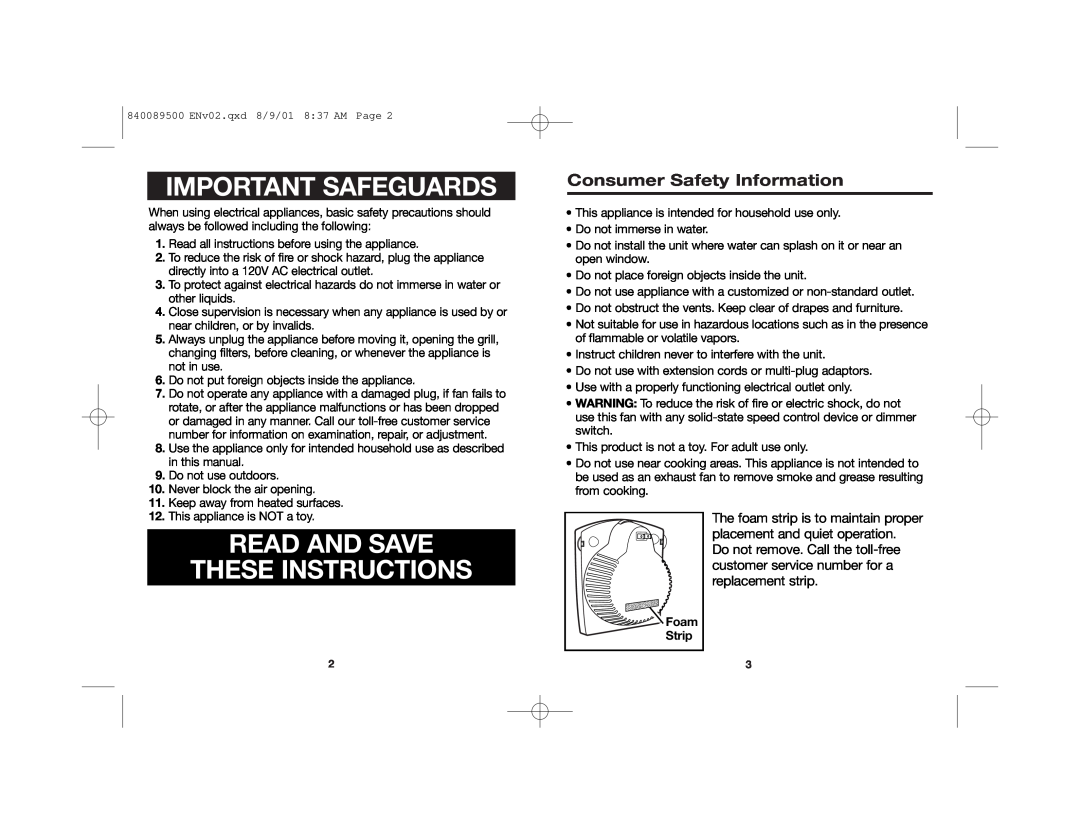 Hamilton Beach 840089500 manual Consumer Safety Information, Important Safeguards, Read And Save These Instructions 