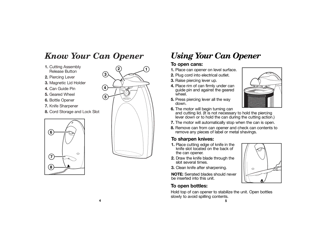 Hamilton Beach 840091200 manual Know Your Can Opener, Using Your Can Opener 