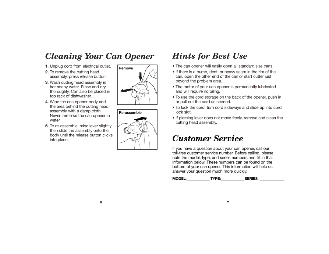 Hamilton Beach 840091200 manual Cleaning Your Can Opener Hints for Best Use, Customer Service 