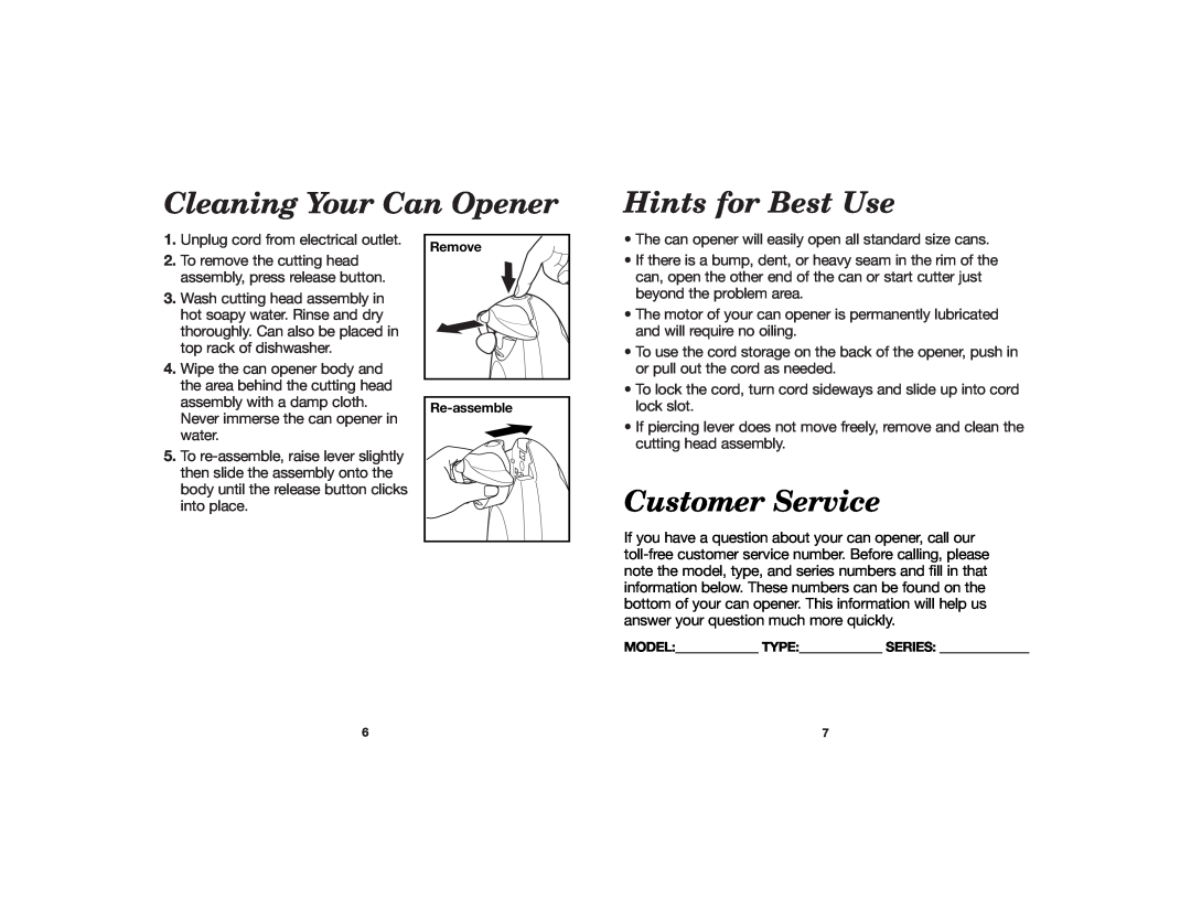 Hamilton Beach 840091200 manual Cleaning Your Can Opener, Hints for Best Use, Customer Service 