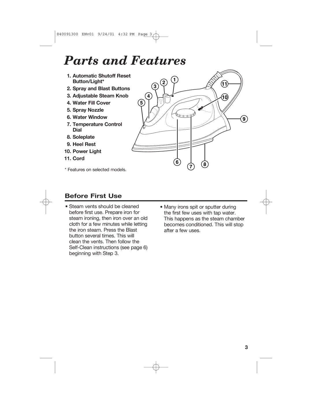 Hamilton Beach 840091300 manual Parts and Features, Before First Use 