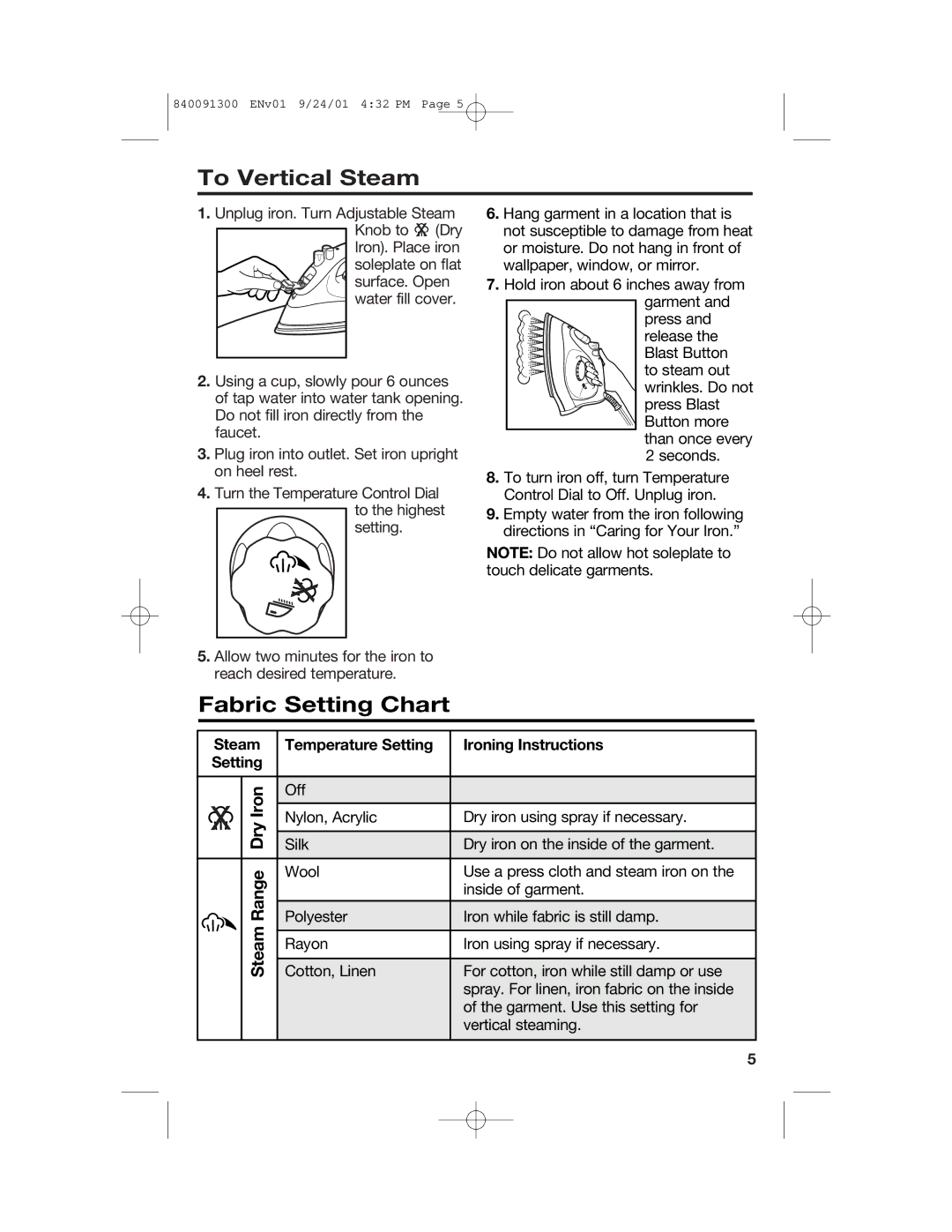 Hamilton Beach 840091300 manual To Vertical Steam, Fabric Setting Chart, Steam Range Dry Iron, Steam Setting 