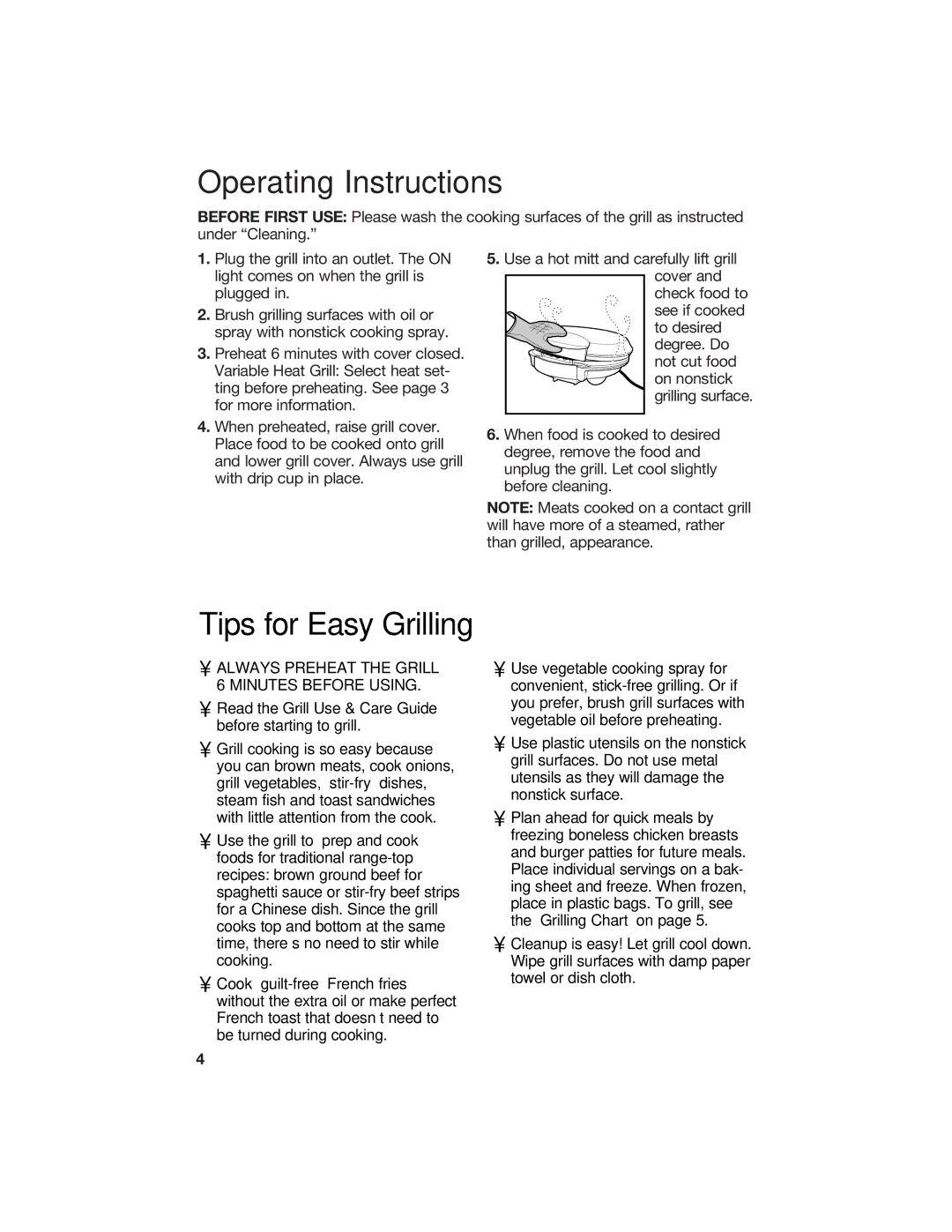 Hamilton Beach 840092400 Operating Instructions, Tips for Easy Grilling, Always Preheat the Grill 6 Minutes Before Using 