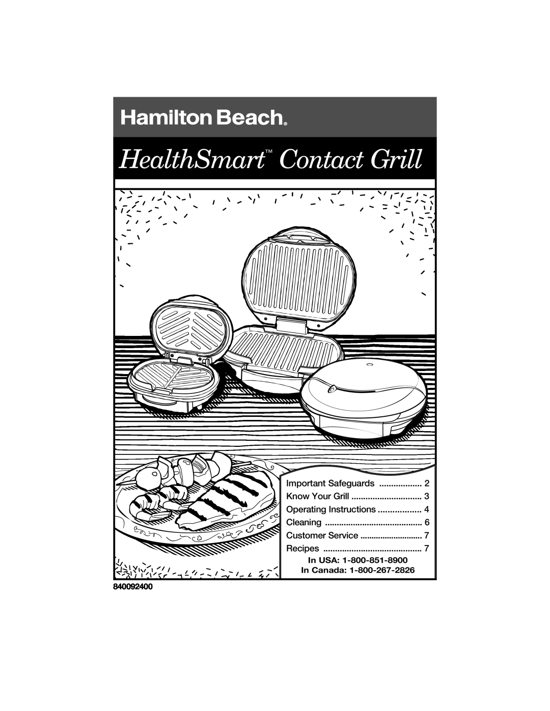Hamilton Beach 840092400 manual HealthSmart Contact Grill, Know Your Grill, Operating Instructions, Customer Service 