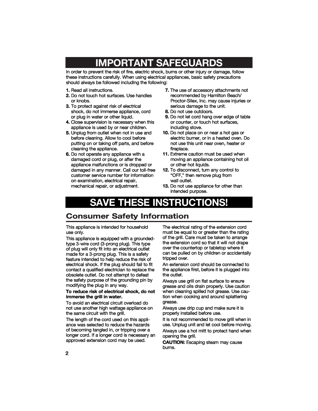 Hamilton Beach 840092400 manual Important Safeguards, Save These Instructions, Consumer Safety Information 