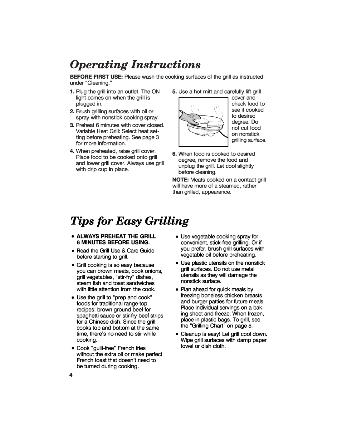 Hamilton Beach 840092400 Operating Instructions, Tips for Easy Grilling, ALWAYS PREHEAT THE GRILL 6 MINUTES BEFORE USING 