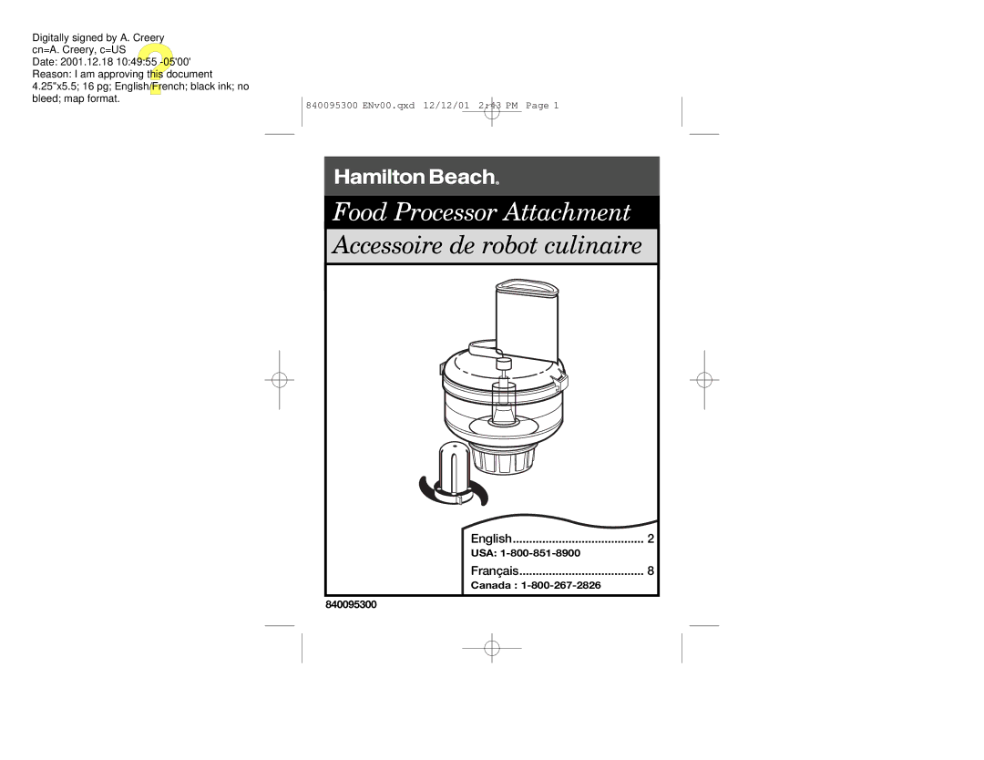 Hamilton Beach 840095300 manual Food Processor Attachment 