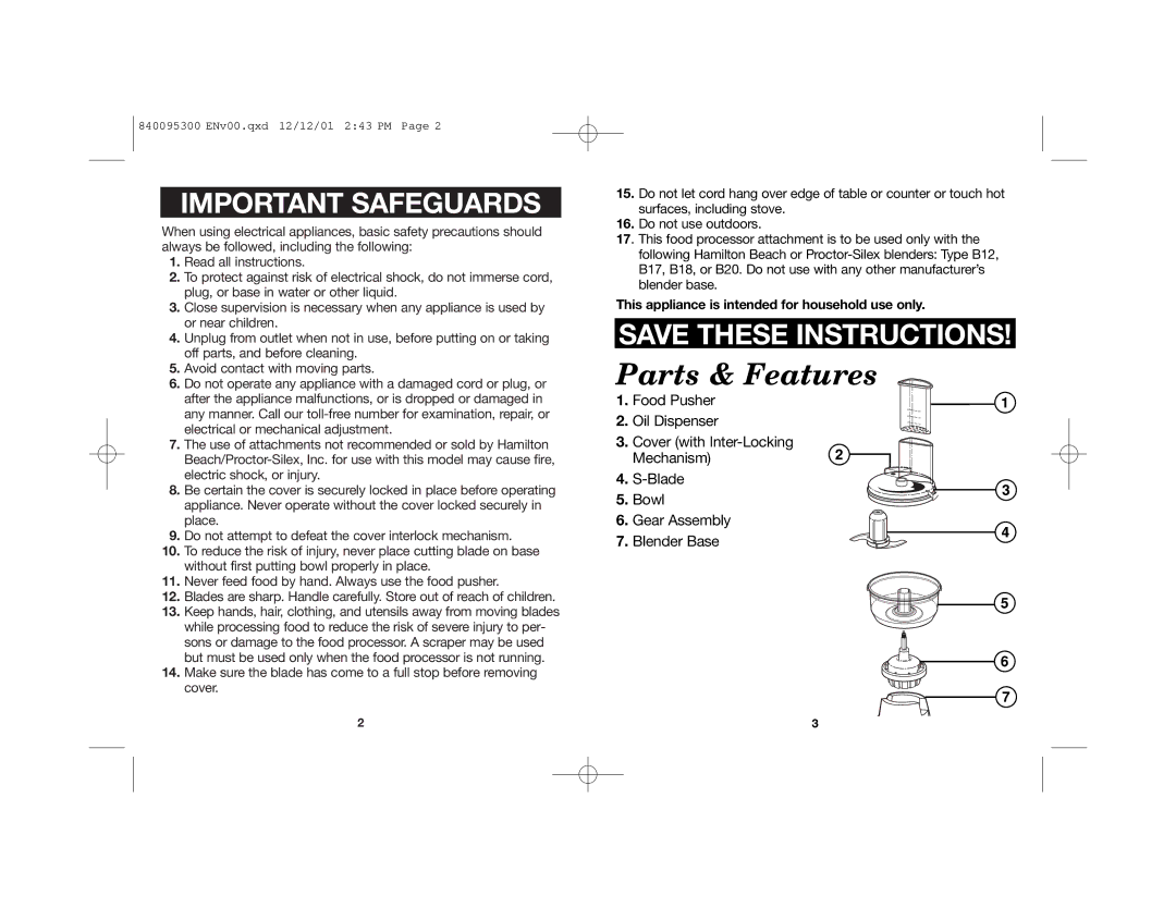 Hamilton Beach 840095300 manual Parts & Features 