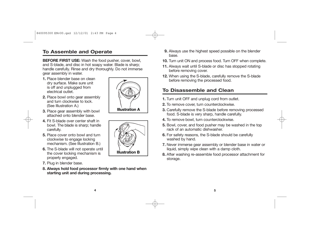 Hamilton Beach 840095300 manual To Assemble and Operate, To Disassemble and Clean 