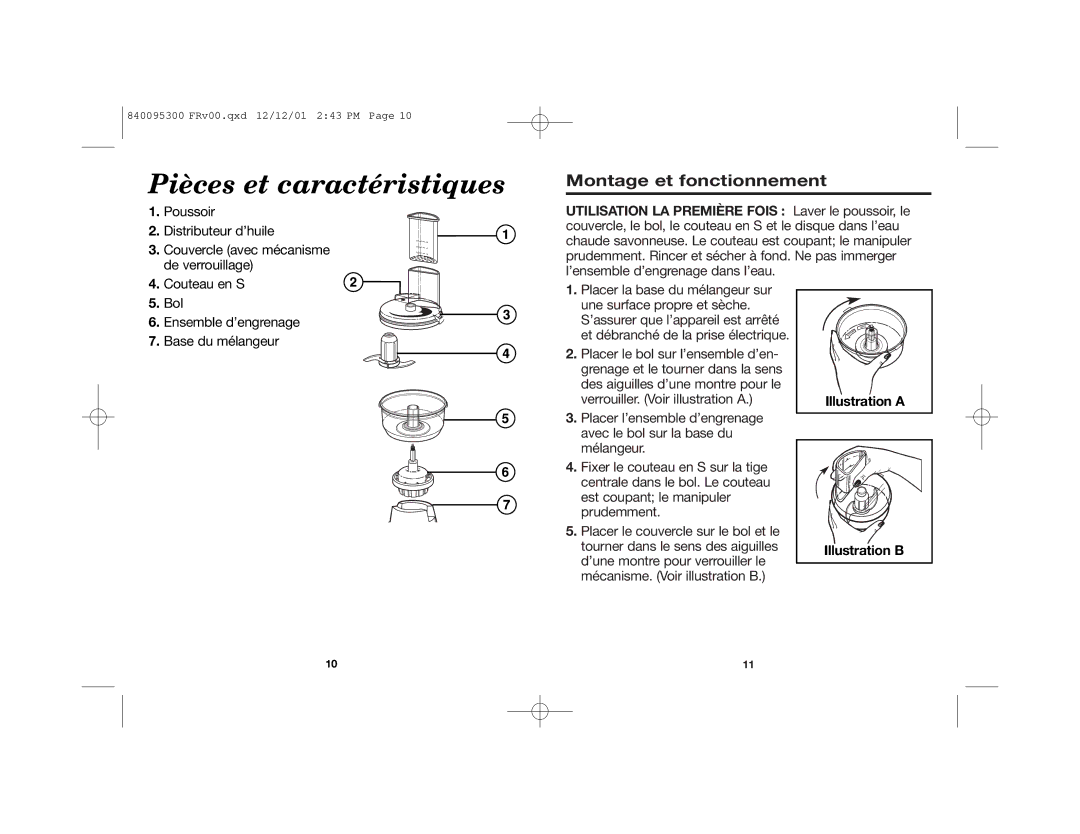 Hamilton Beach 840095300 manual Pièces et caractéristiques, Montage et fonctionnement 