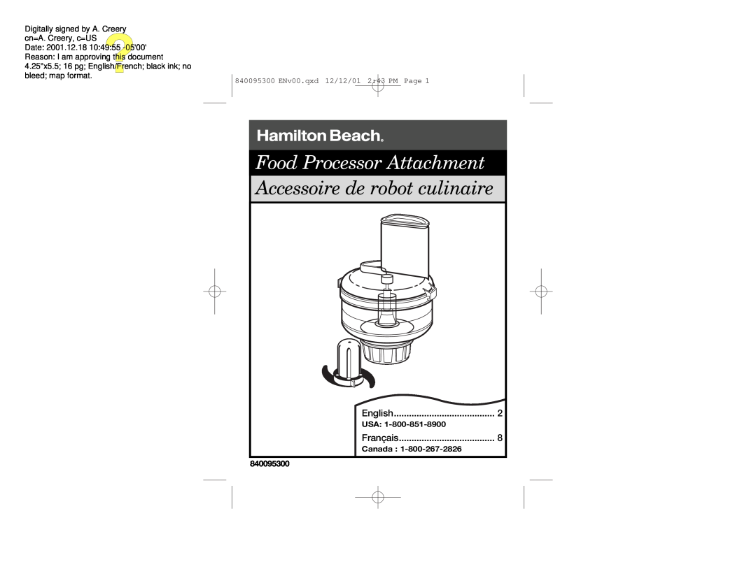 Hamilton Beach 840095300 manual Food Processor Attachment, Accessoire de robot culinaire, English, Usa, Français, Canada 