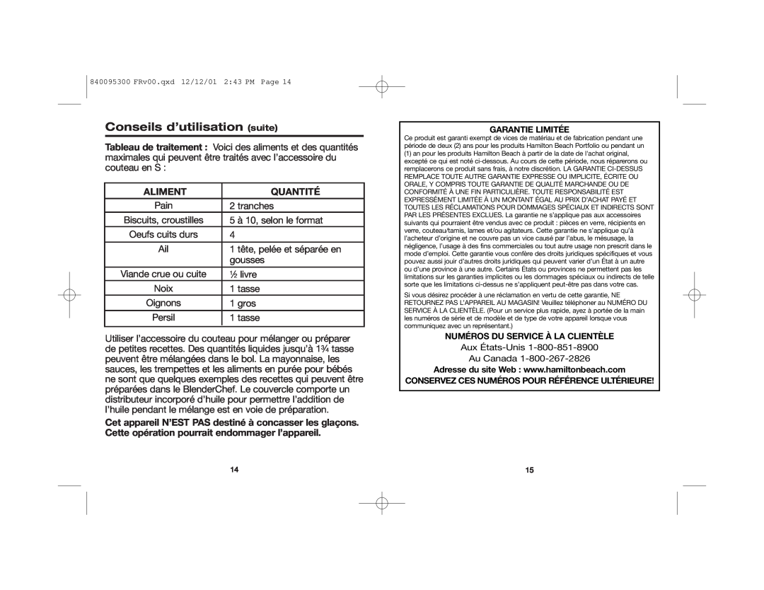 Hamilton Beach 840095300 manual Conseils d’utilisation suite, Aliment, Quantité, Aux États-Unis Au Canada 