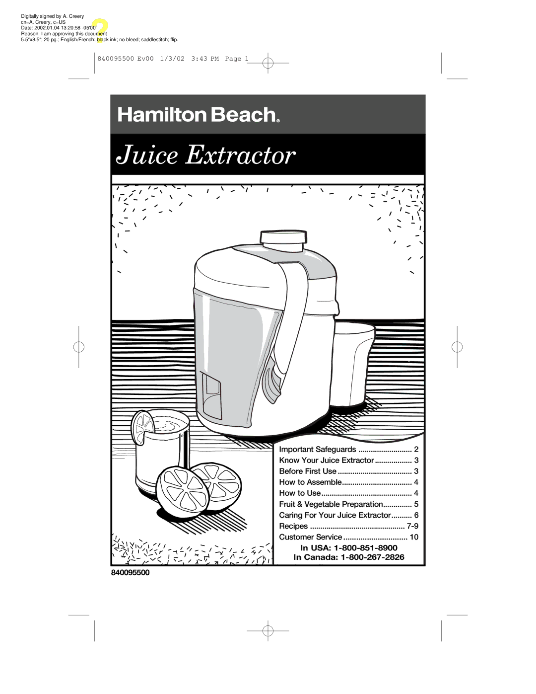 Hamilton Beach 840095500 manual Juice Extractor 