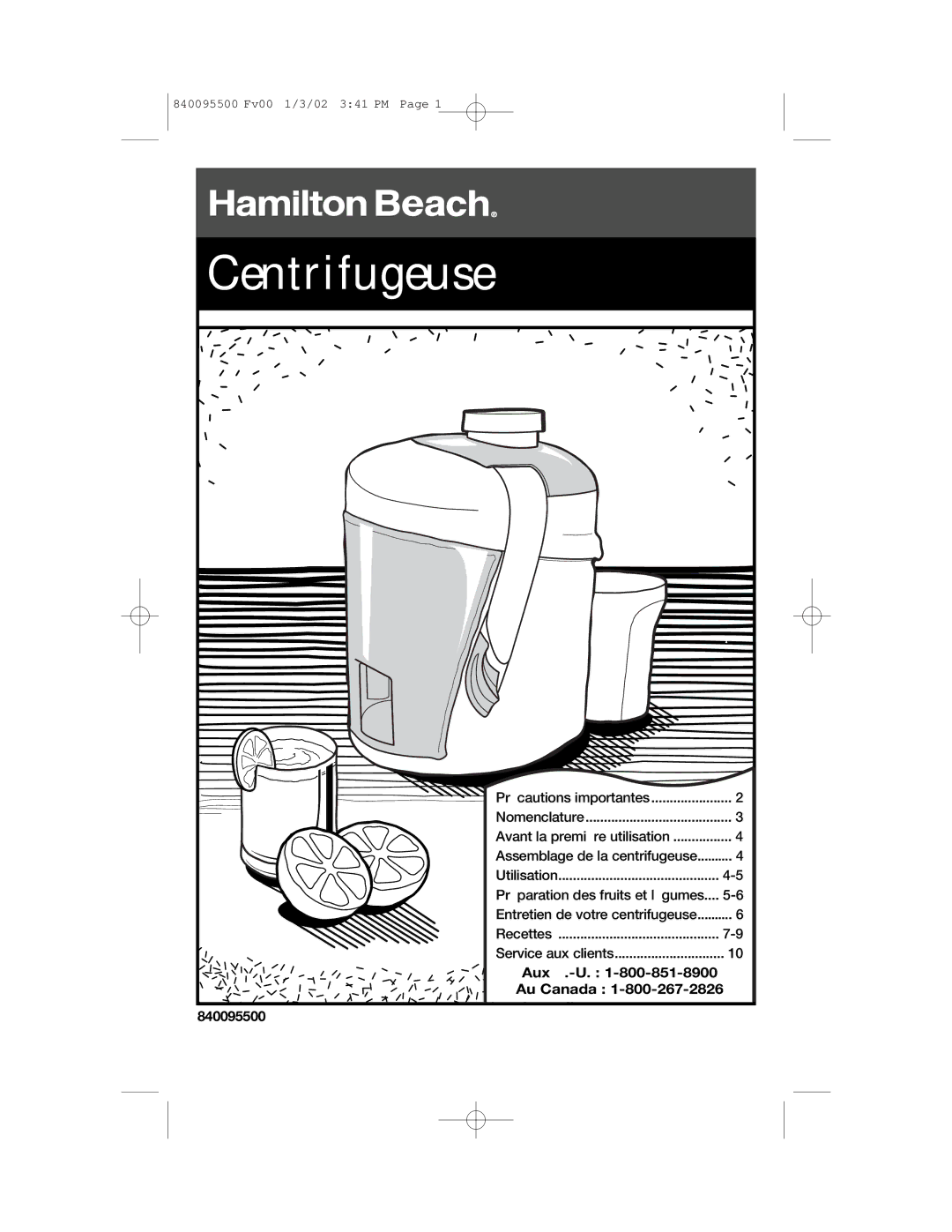 Hamilton Beach 840095500 manual Centrifugeuse 