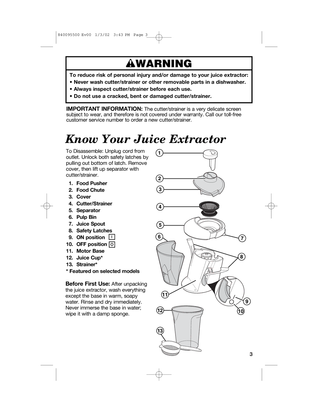 Hamilton Beach 840095500 manual Know Your Juice Extractor, Wwarning 