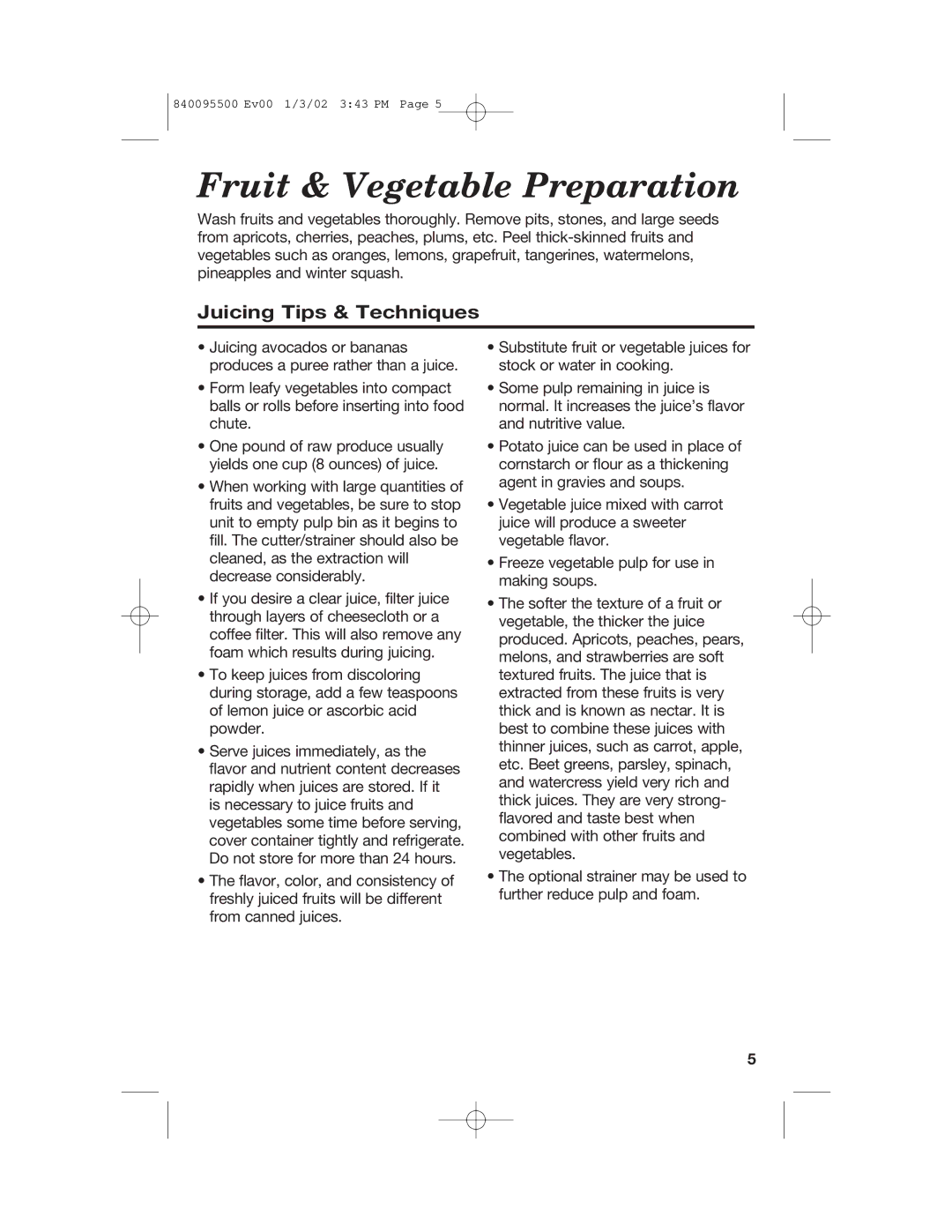 Hamilton Beach 840095500 manual Fruit & Vegetable Preparation, Juicing Tips & Techniques 