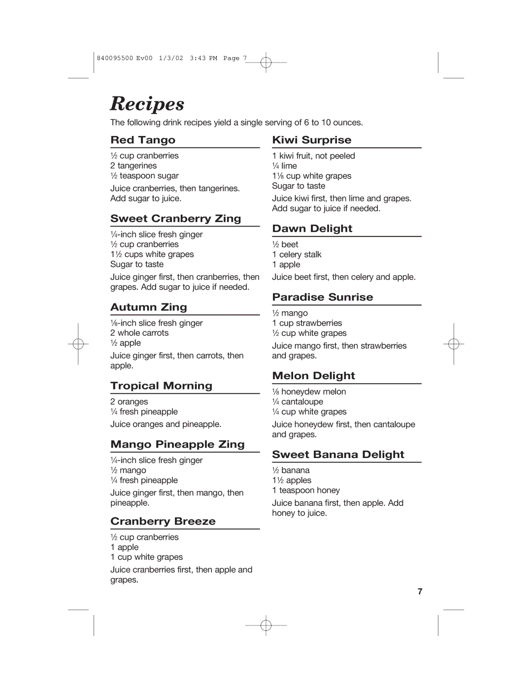 Hamilton Beach 840095500 manual Recipes 