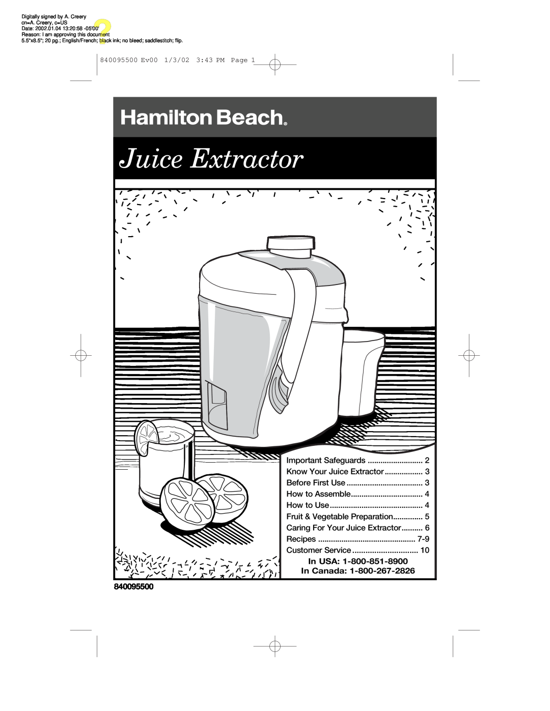 Hamilton Beach 840095500 manual Juice Extractor, In USA In Canada 