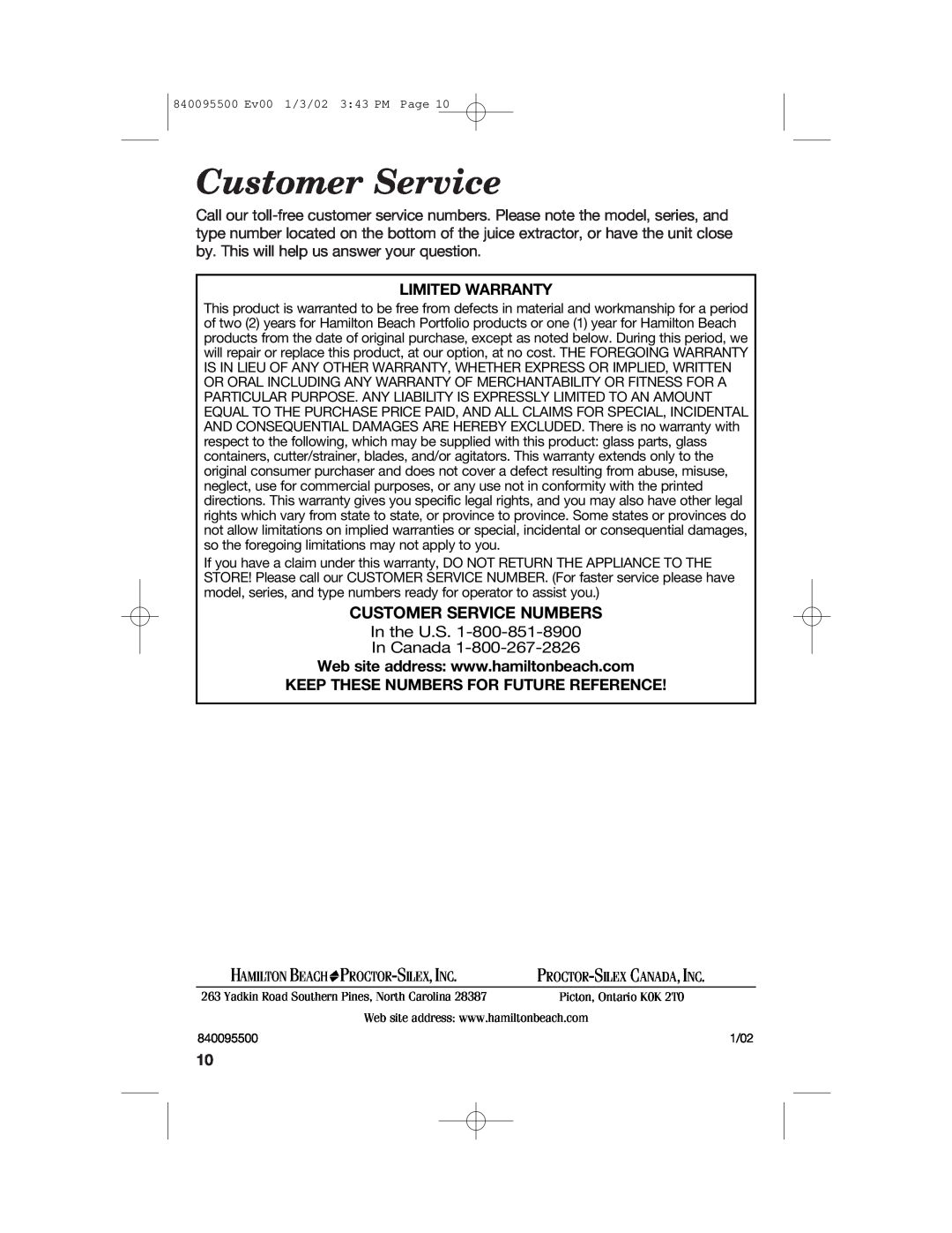 Hamilton Beach 840095500 manual Customer Service Numbers 