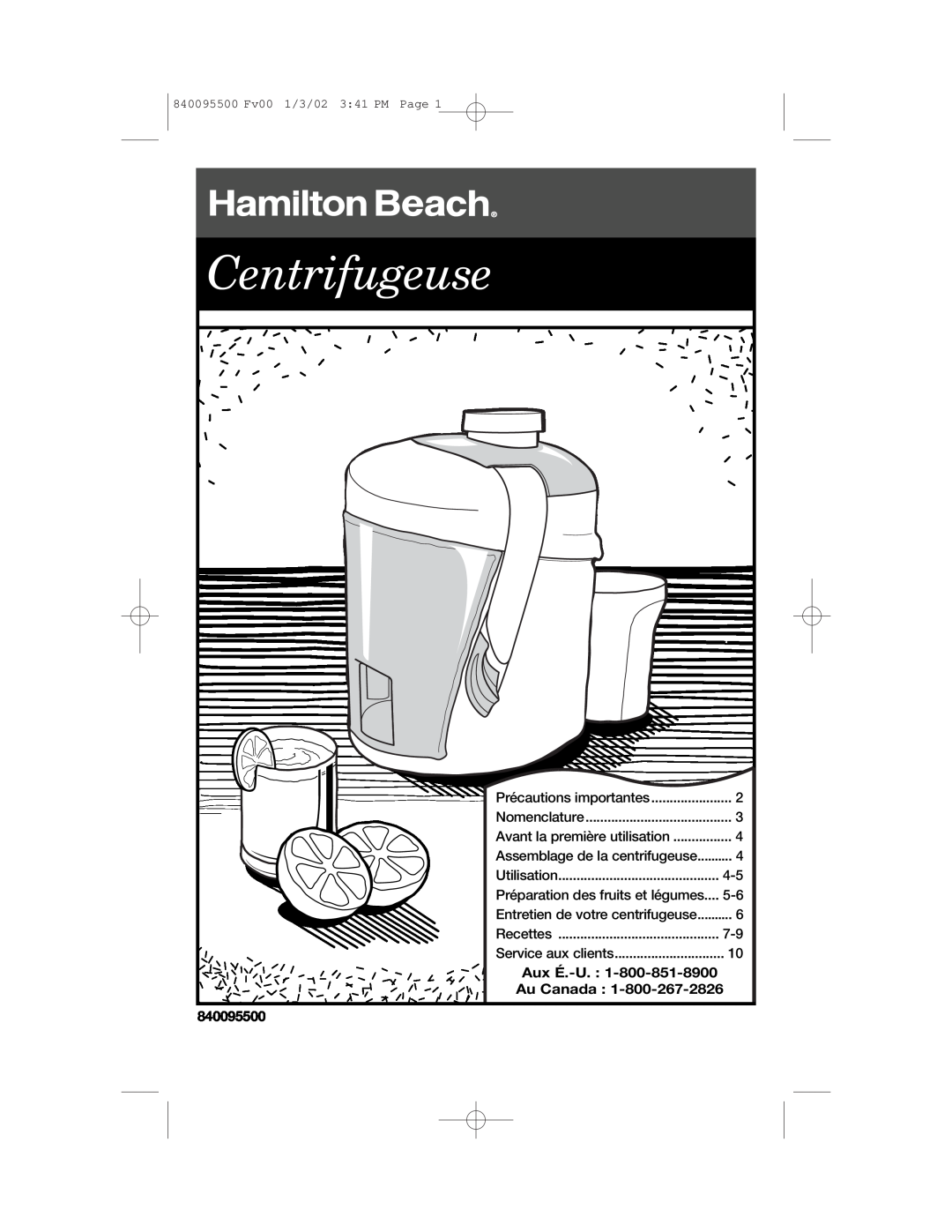 Hamilton Beach 840095500 manual Centrifugeuse, Aux É.-U, Au Canada 