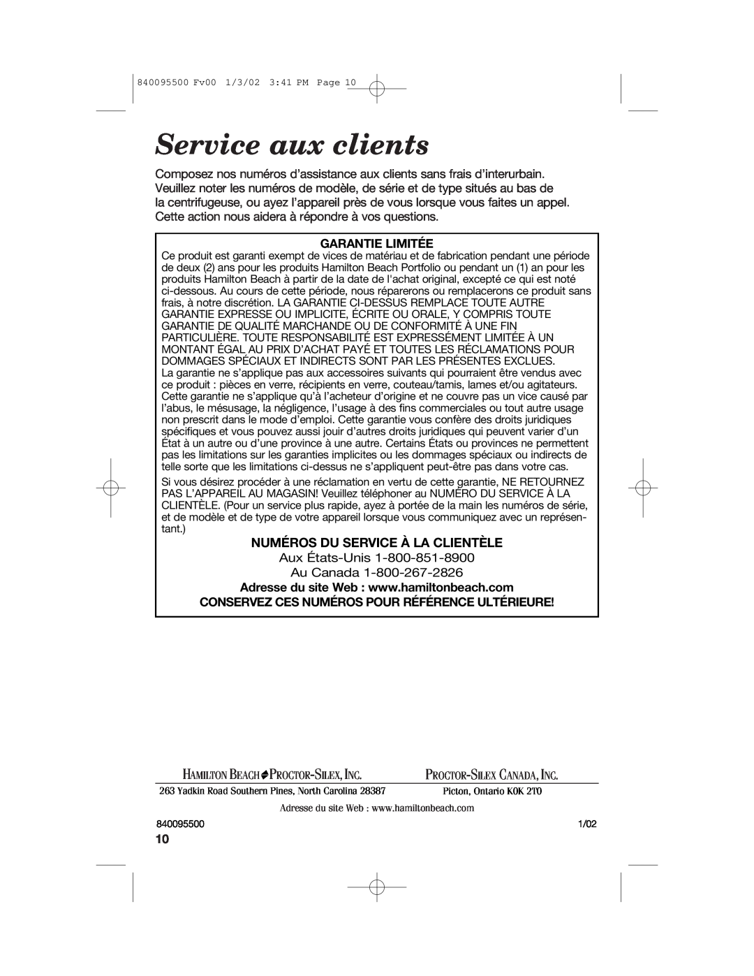 Hamilton Beach 840095500 manual Service aux clients, Numéros Du Service À La Clientèle 