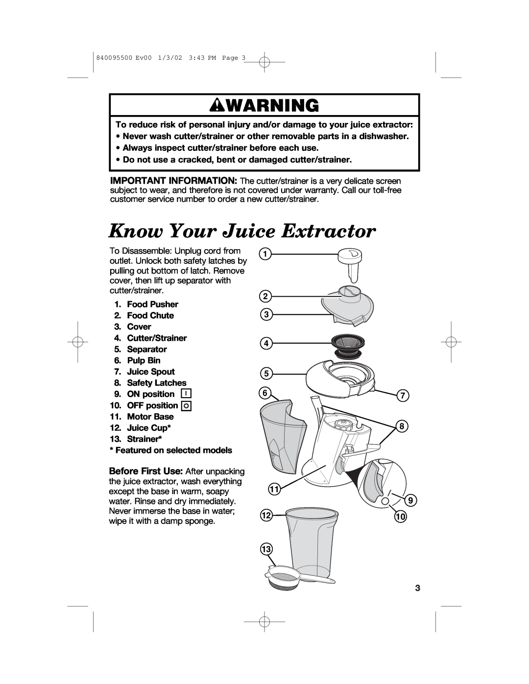 Hamilton Beach 840095500 manual Know Your Juice Extractor, wWARNING 