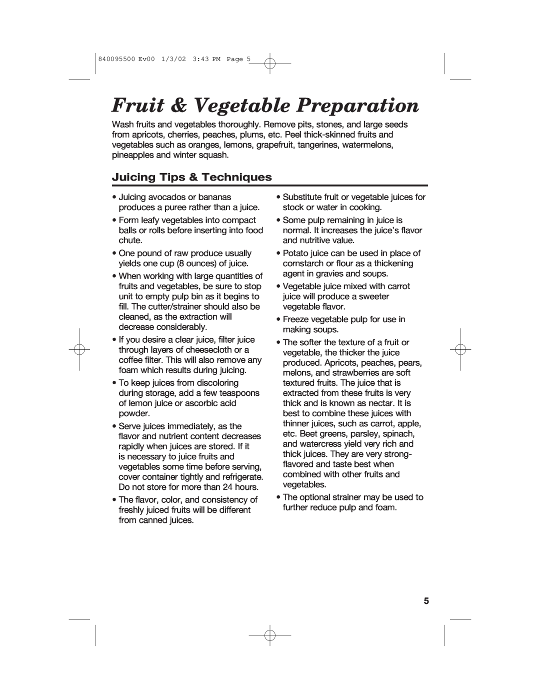 Hamilton Beach 840095500 manual Fruit & Vegetable Preparation, Juicing Tips & Techniques 