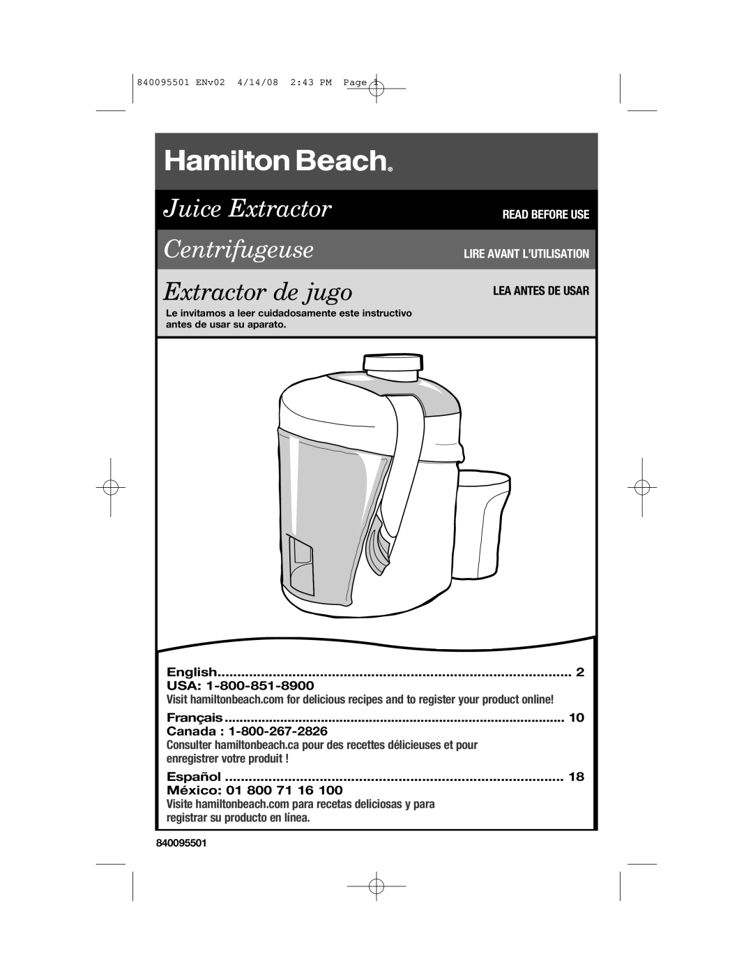 Hamilton Beach 840095501 manual Juice Extractor Centrifugeuse 