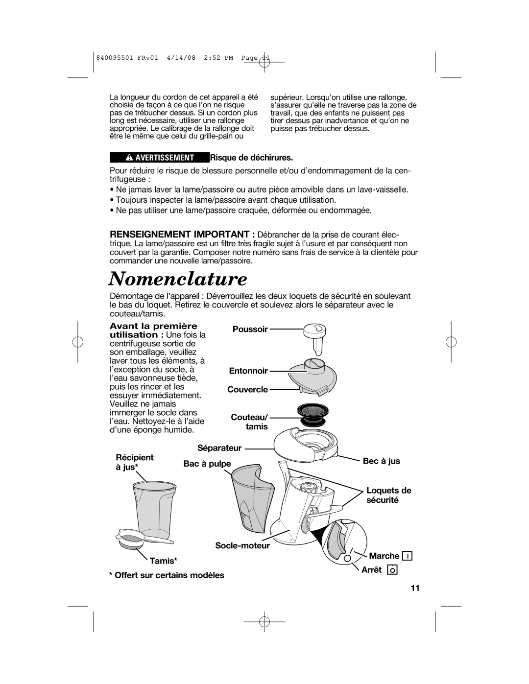 Hamilton Beach 840095501 manual Nomenclature, Avertissement Risque de déchirures 