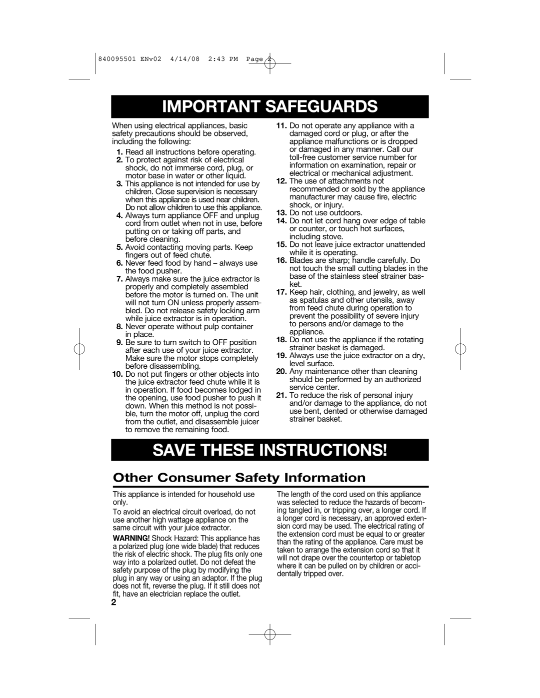 Hamilton Beach 840095501 manual Important Safeguards, Other Consumer Safety Information 