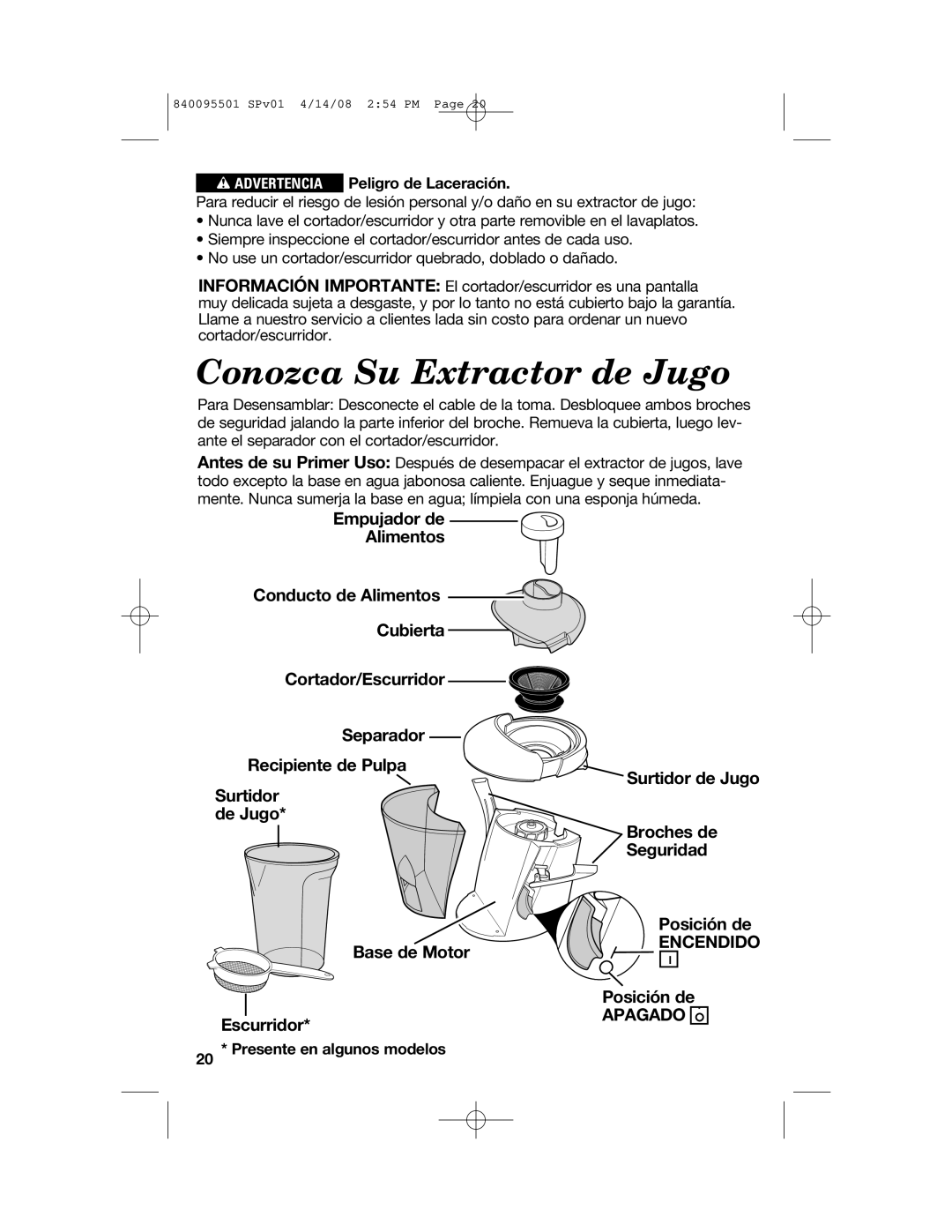 Hamilton Beach 840095501 manual Conozca Su Extractor de Jugo, Advertencia Peligro de Laceración 