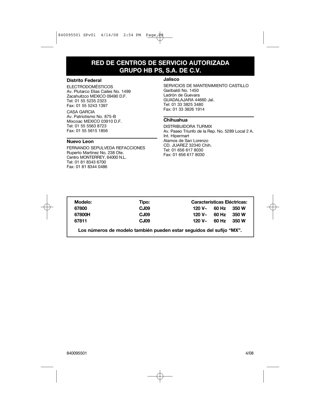 Hamilton Beach 840095501 manual Modelo Tipo 