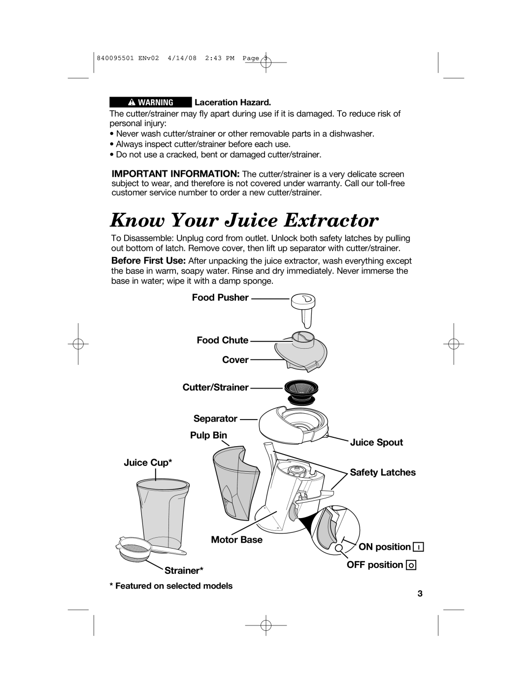 Hamilton Beach 840095501 manual Know Your Juice Extractor 