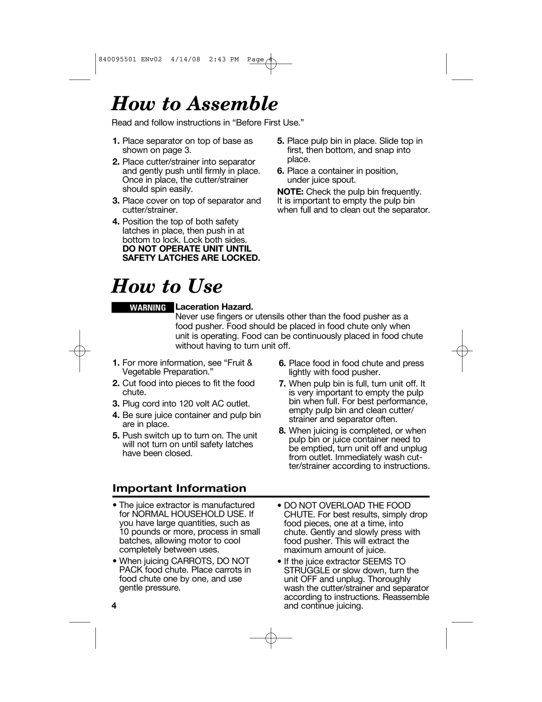 Hamilton Beach 840095501 manual How to Assemble, How to Use, Important Information 