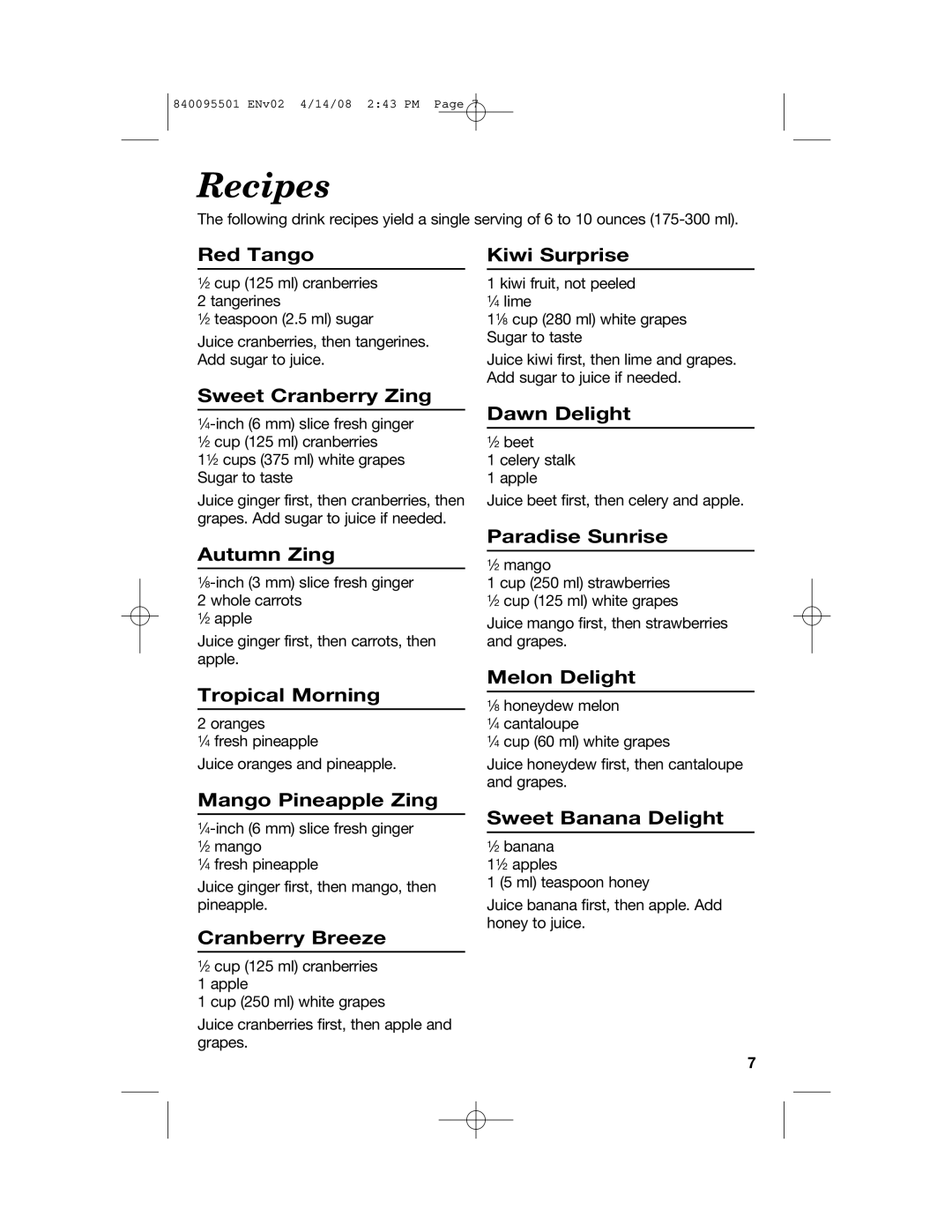 Hamilton Beach 840095501 manual Recipes 