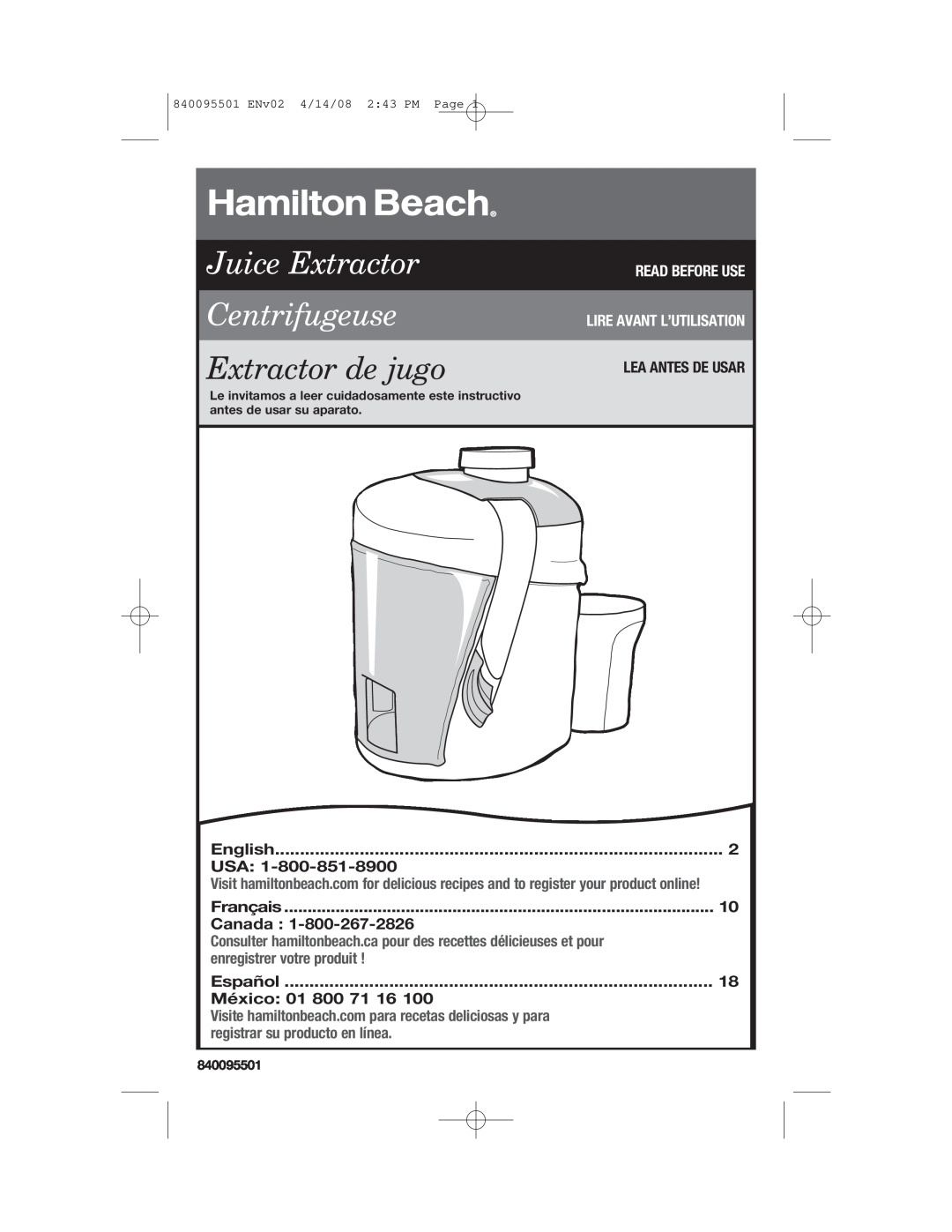 Hamilton Beach 840095501 manual Juice Extractor Centrifugeuse, Extractor de jugo, Read Before Use Lire Avant L’Utilisation 