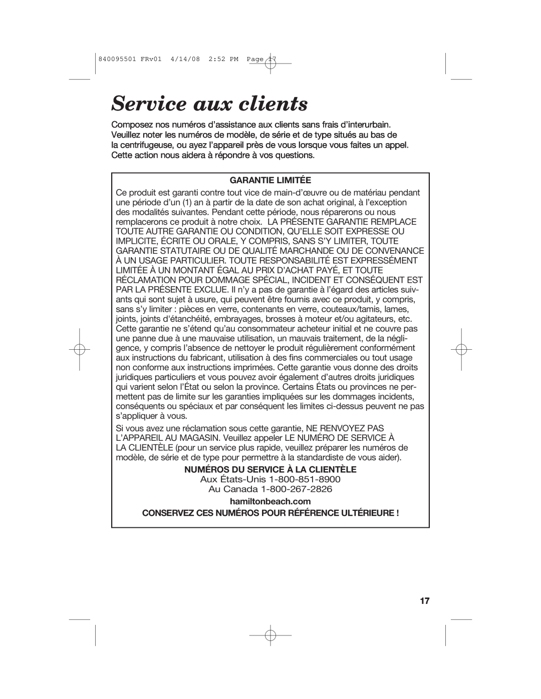 Hamilton Beach 840095501 manual Service aux clients, Garantie Limitée, Numéros Du Service À La Clientèle 