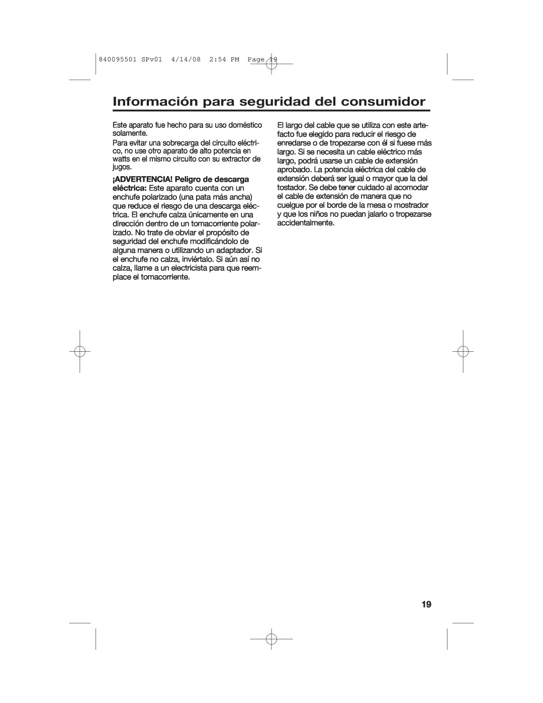 Hamilton Beach manual Información para seguridad del consumidor, 840095501 SPv01 4/14/08 2 54 PM Page 