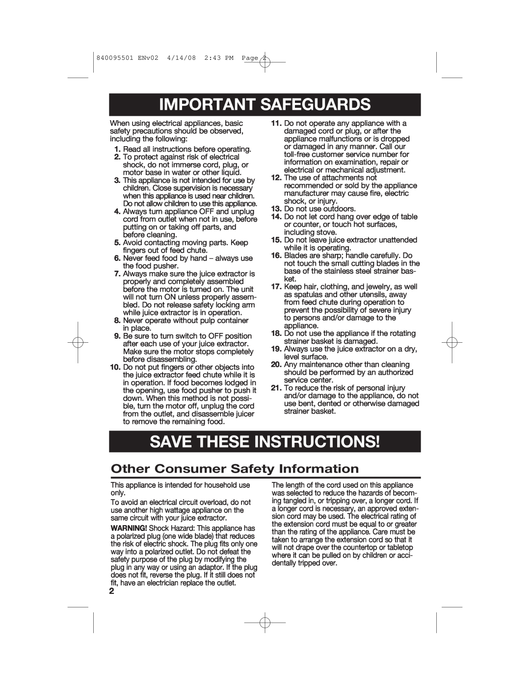 Hamilton Beach 840095501 manual Important Safeguards, Save These Instructions, Other Consumer Safety Information 