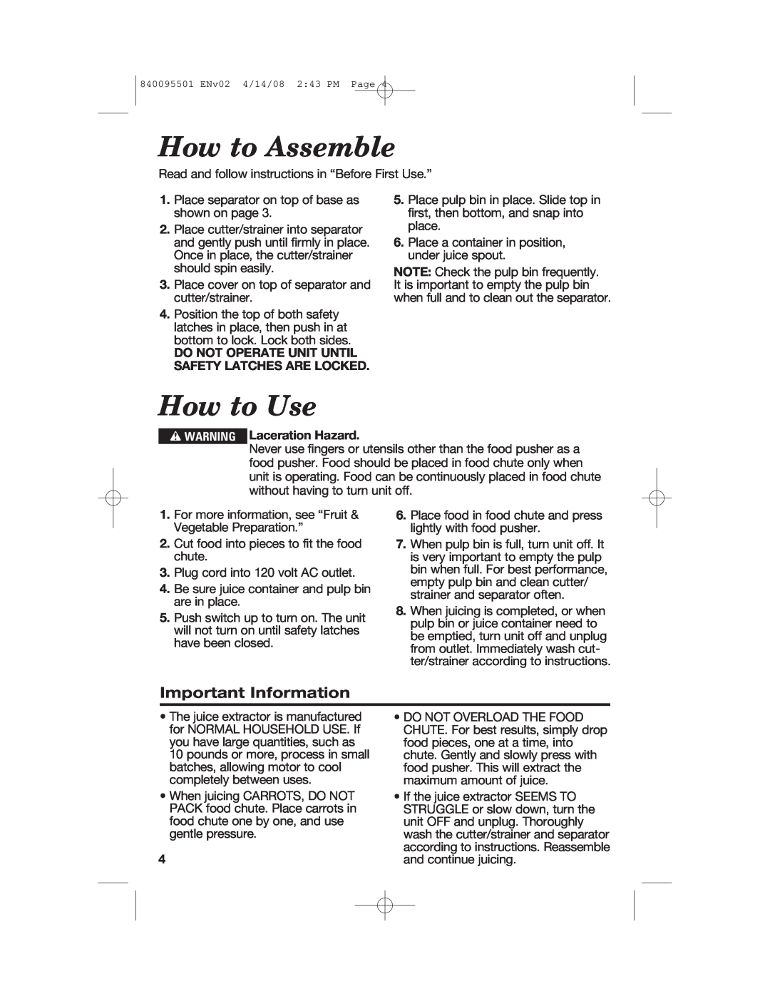Hamilton Beach 840095501 manual How to Assemble, How to Use, Important Information, w WARNING Laceration Hazard 