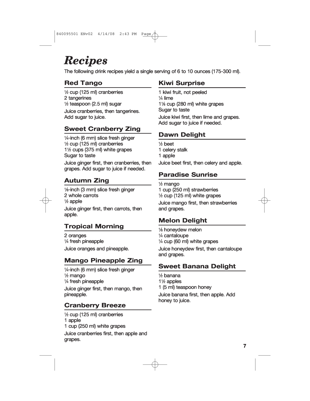 Hamilton Beach 840095501 manual Recipes 