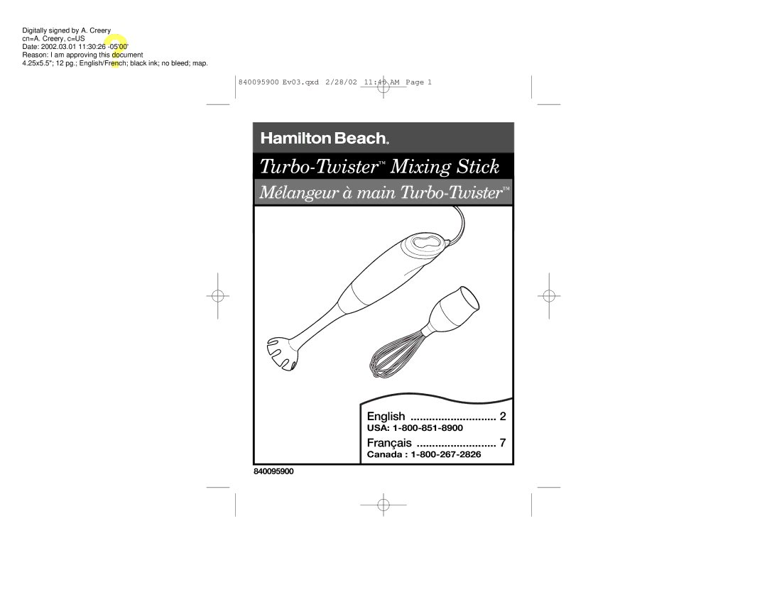 Hamilton Beach 840095900 manual Turbo-TwisterMixing Stick 