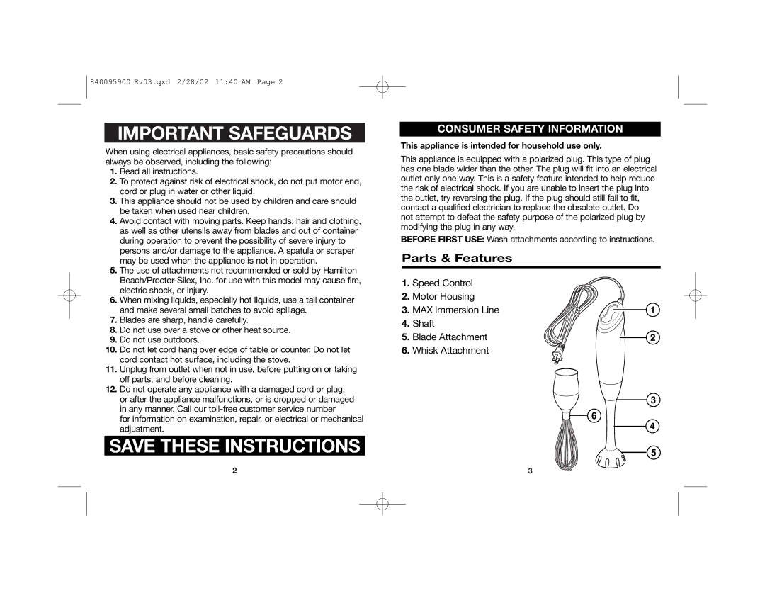 Hamilton Beach 840095900 manual Important Safeguards, Parts & Features, This appliance is intended for household use only 