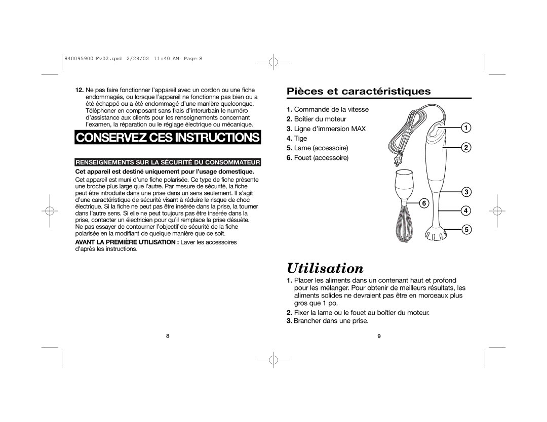 Hamilton Beach 840095900 manual Utilisation, Cet appareil est destiné uniquement pour l’usage domestique 