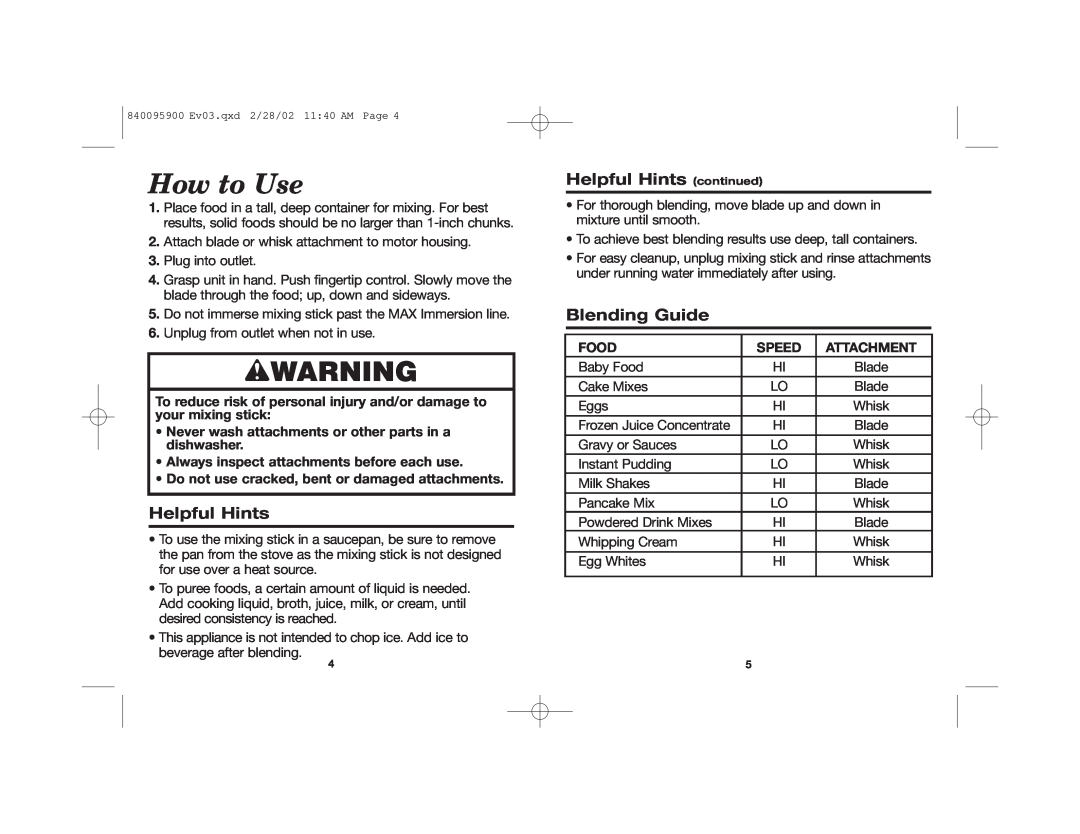 Hamilton Beach 840095900 manual How to Use, wWARNING, Helpful Hints continued, Blending Guide 
