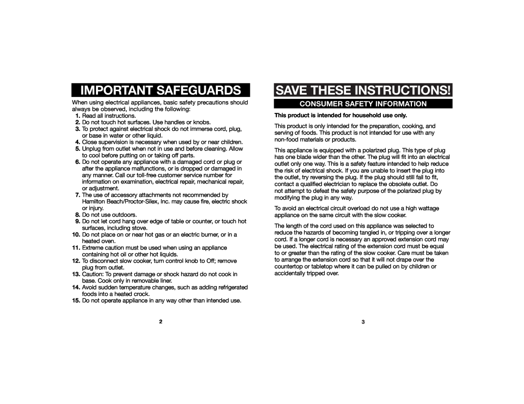 Hamilton Beach 840096800 manual Important Safeguards, Save These Instructions, Consumer Safety Information 
